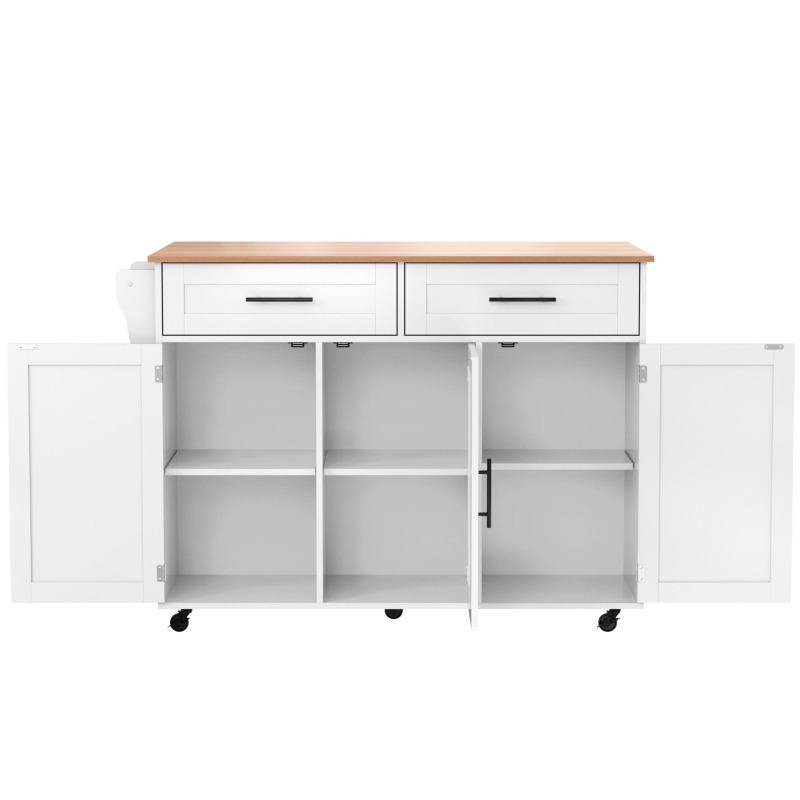 Ilha de cozinha com 5 rodízios, tampo dobrável extensível, 129x46/71x91,5 cm, Branco+Cor natural