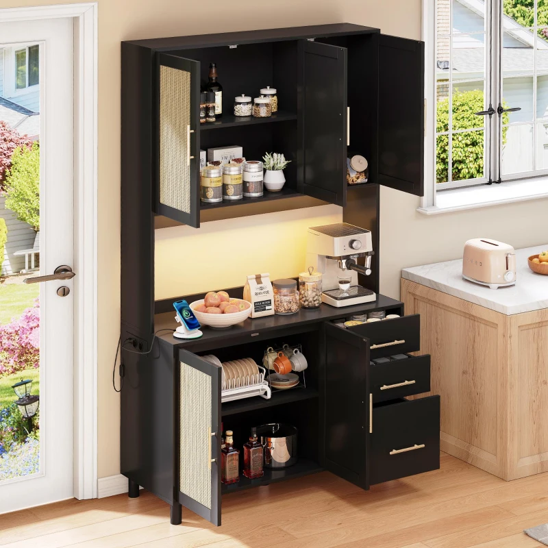 Móvel de cozinha com acabamento em rattan trançado e puxadores metálicos dourados, luzes LED decorativas, 100x40x183 cm, Preto