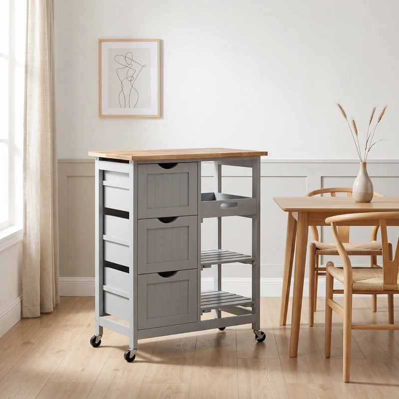 HOMCOM Chariot desserte de cuisine à roulettes plan de travail en bois 3 tiroirs et 1 plateau amovible 67 x 37 x 85,5 cm gris