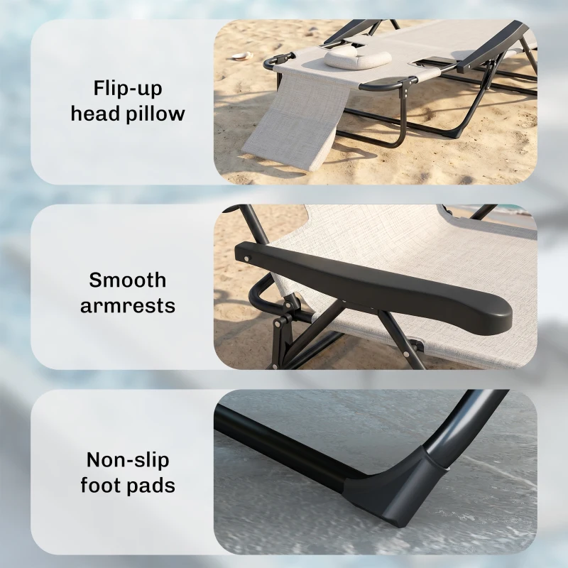 Outsunny Chaise longue de jardin pliante dossier réglable sur 4 niveaux, trou de lecture et appui-tête 72 x 194 x 89 cm crème
