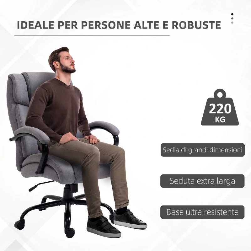 Vinsetto Sedia Ufficio Ergonomica in Tessuto Effetto Lino, Portata 220kg, Girevole, Altezza Regolabile, Grigio Chiaro