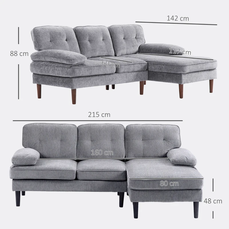 HOMCOM Sofá Esquinero de 3 Plazas Tapizado en Chenilla en Forma de L con Patas de Madera y Reposabrazos 215x142x88 cm Gris