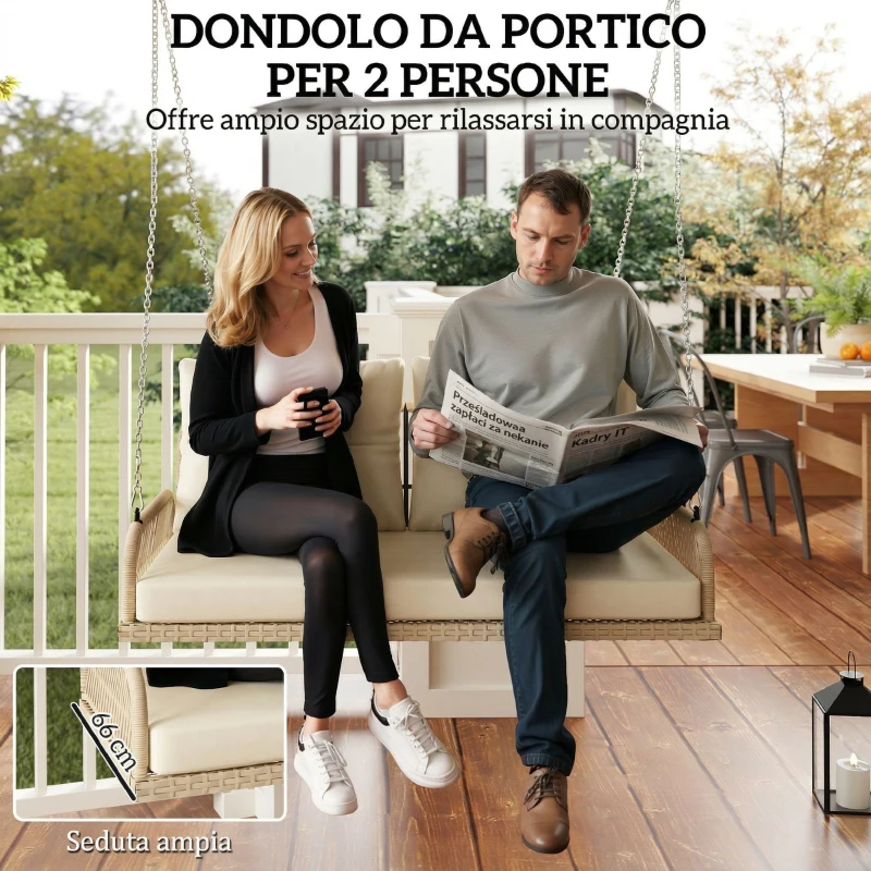 Outsunny Panca Sospesa Esterna a 2 Posti in Resina Intrecciata con Cuscini e Catene in Acciaio, 115x66x44 cm, Beige