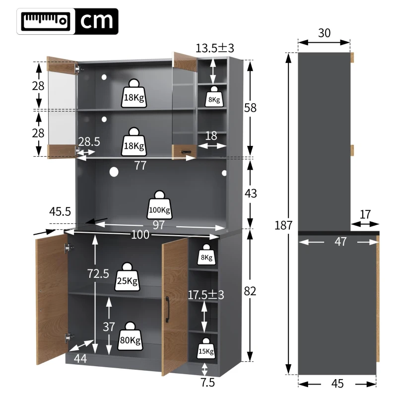 Highboard de cozinha, compartimento de vidro reforçado e iluminação ambiente LED, prateleiras laterais reguláveis em altura100x47x187 cm, Cor natural