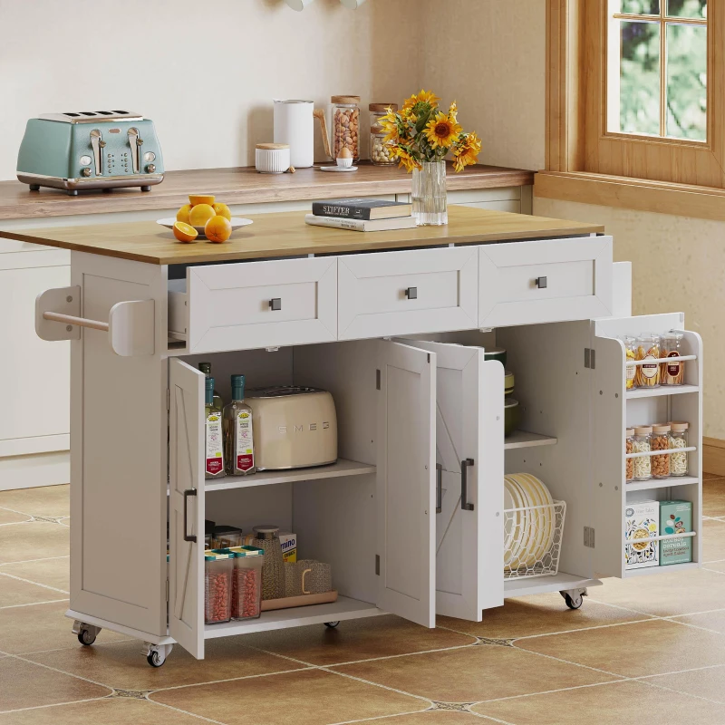 Ilha de cozinha com tampo rebatível, 4 portas, 3 gavetas, suportes duplos para toalhas, design estilo celeiro, 140x43/70x90,5 cm, Branco+Cor natural