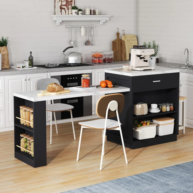 Ilha de cozinha com mesa de jantar extensível, armário de arrumação, 2 gavetas, 2 prateleiras laterais abertas, 211x55x89,5 cm, Preto