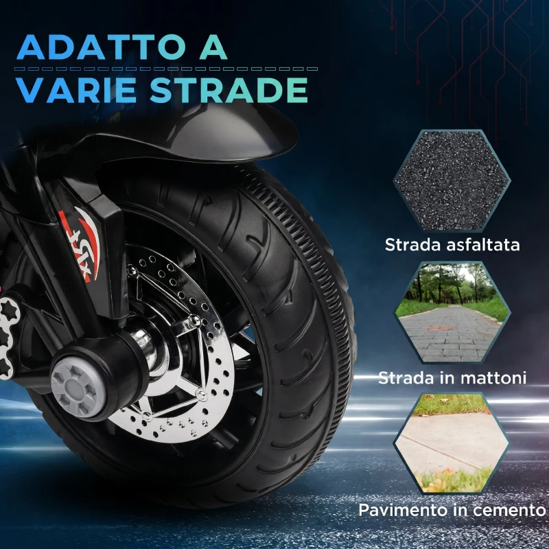 HOMCOM Moto Elettrica per Bambini 3-5 Anni (max. 25kg) con 3 Ruote, Luci e Suoni, Batteria 6V, Nero, 86x42x52cm