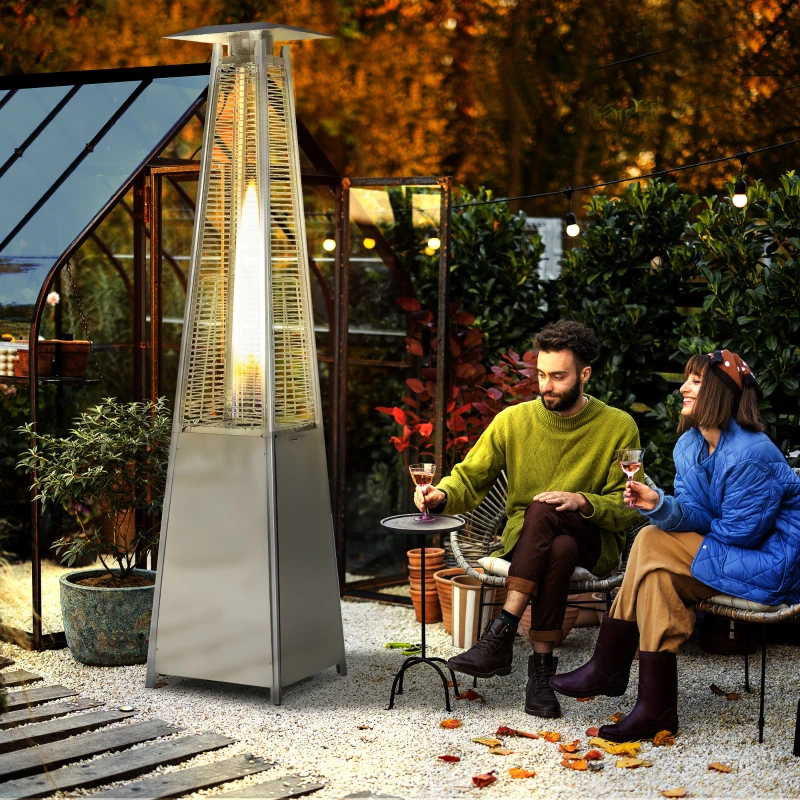 Outsunny Estufa de Gas para Exterior Pirámide 10500 W Calefactor para Patio de Propano Acero Inoxidable con Funda Protectora Regulador Manguera Sistema Anti-Vuelco y Ruedas 10 m² Plata