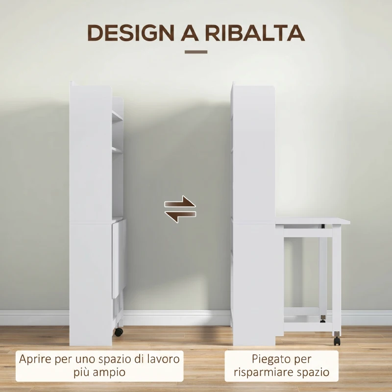HOMCOM Scrivania Pieghevole con Libreria a 4 Ripiani, 2 Ruote e Foro Passacavi, 80x69x155 cm, Bianco
