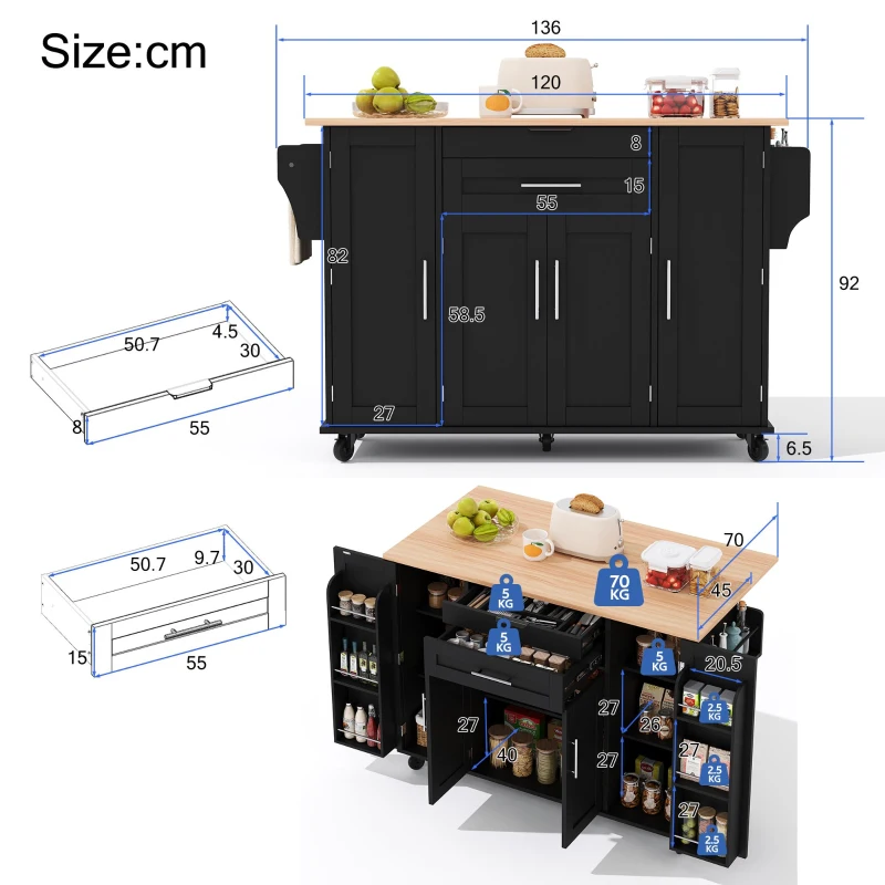 Ilha de cozinha móvel com gaveta oculta para talheres, prateleiras reguláveis, prateleira para especiarias e suporte para toalhas, 136x45/70x92 cm, Preto+Cor natural