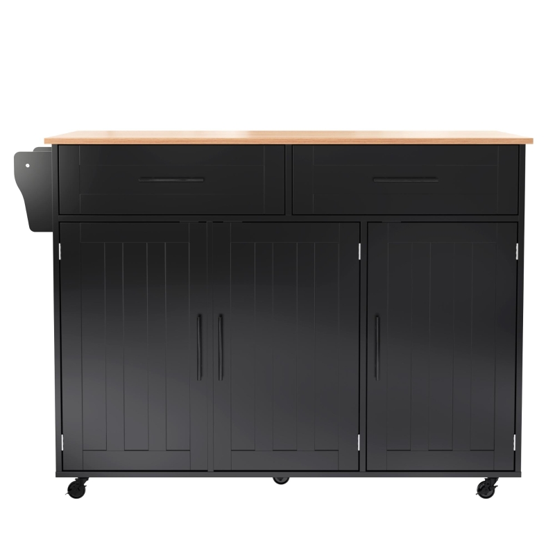 Grande ilha de cozinha com tampo extensível dobrável, 5 rodízios (2 com travão) , 129x46/71x91,5 cm, Preto+Cor natural