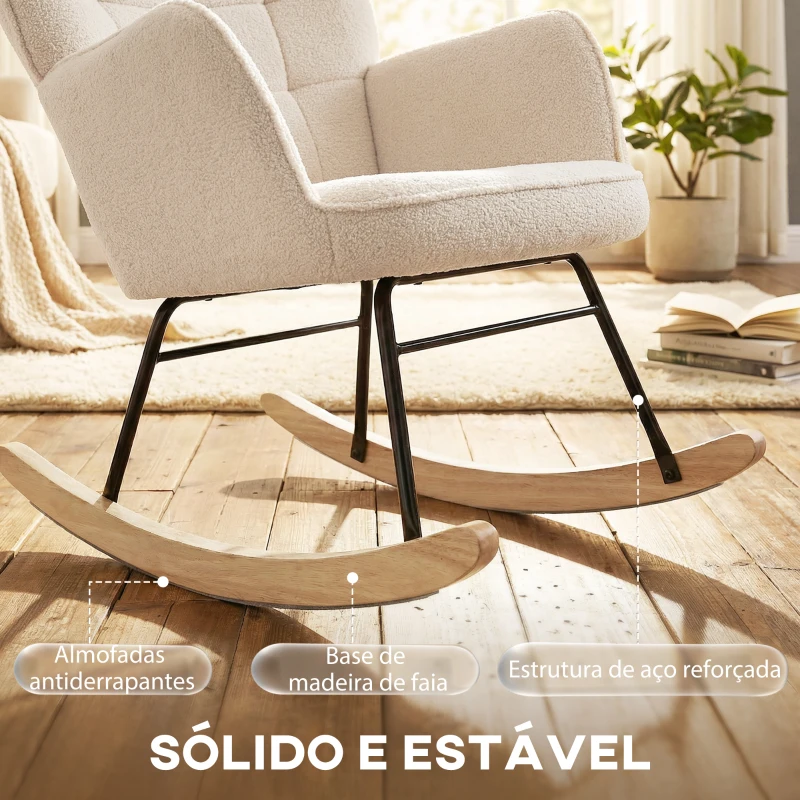 HOMCOM Poltrona Baloiço em Borrego com Oscilação de 40° Pés de Madeira de Faia e Estrutura de Aço 71x98x101 cm Bege