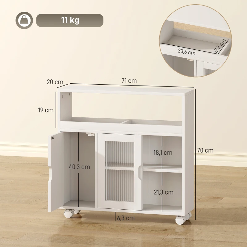 HOMCOM Mobile per Bagno a Rotelle in Legno con Spazio Aperto, Ripiani Regolabili e Ante in Vetro, 71x20x70 cm, Bianco