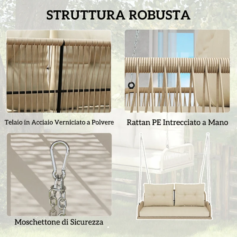 Outsunny Panca Sospesa Esterna a 2 Posti in Resina Intrecciata con Cuscini e Catene in Acciaio, 115x66x44 cm, Beige