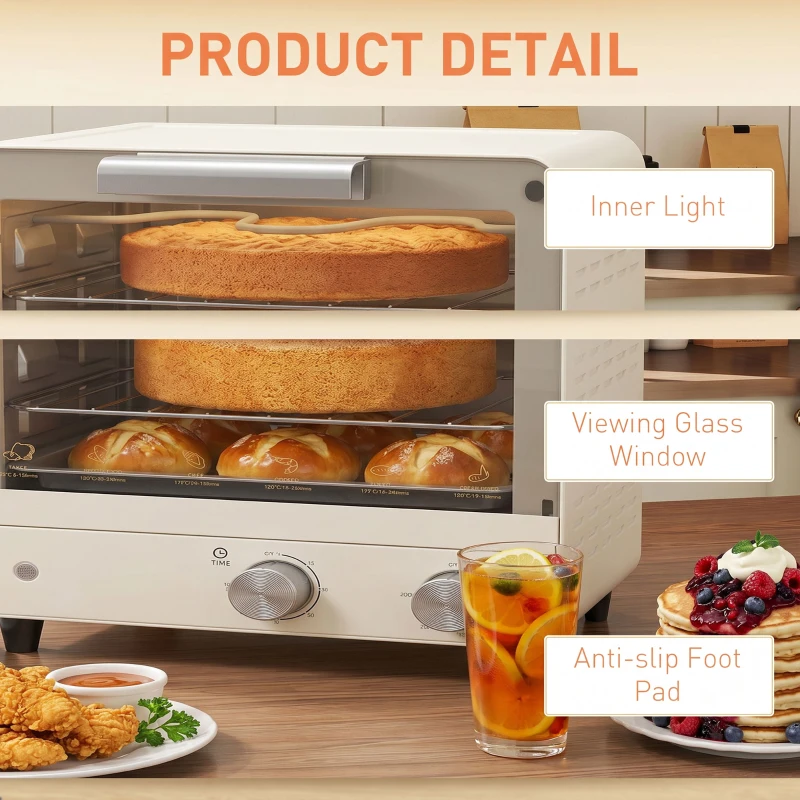 HOMCOM Mini Oven, Small Toaster Oven with Glass Door, Adjustable Temperature and Timer, Accessory Included, 750W, Cream White