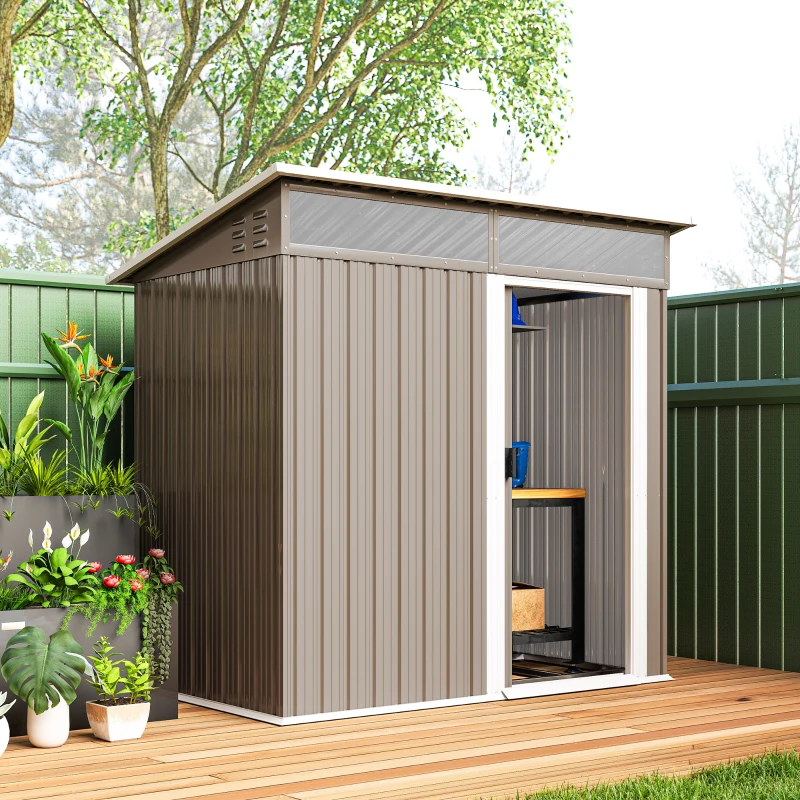 Outsunny Caseta de Jardín Metálica con Puerta Corredera Ventanas y Ventilación para Almacenaje Exterior 195x122x159/182 cm Marrón