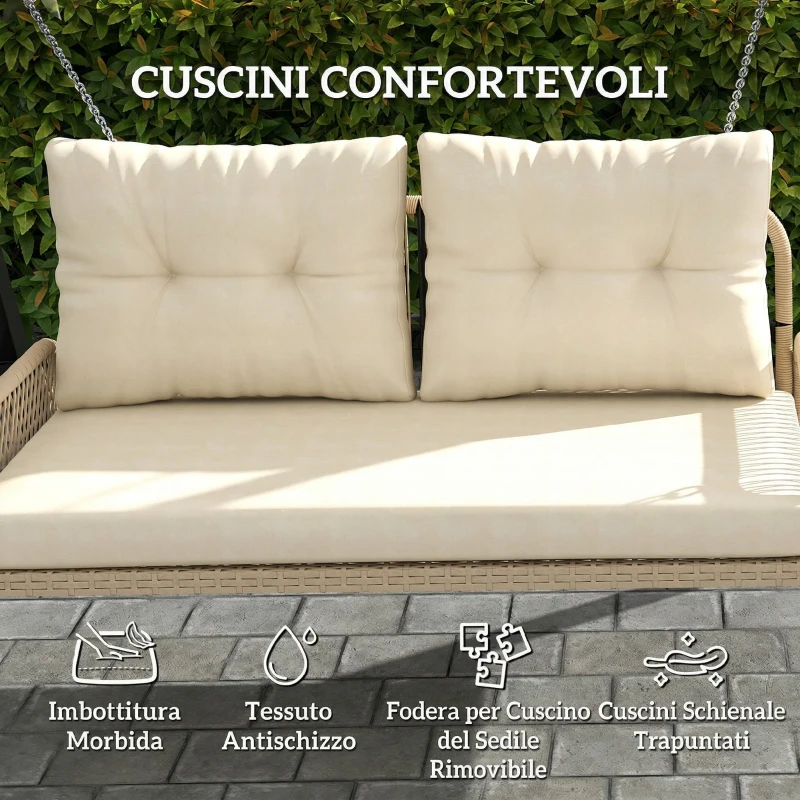 Outsunny Panca Sospesa Esterna a 2 Posti in Resina Intrecciata con Cuscini e Catene in Acciaio, 115x66x44 cm, Beige