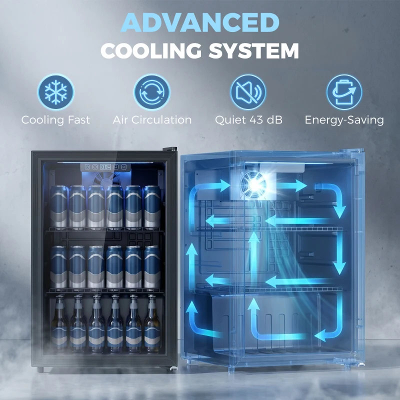 HOMCOM Réfrigérateur à boissons 70L et 70 canettes, petit frigo silencieux, porte en verre trempé, étagères réglables, noir