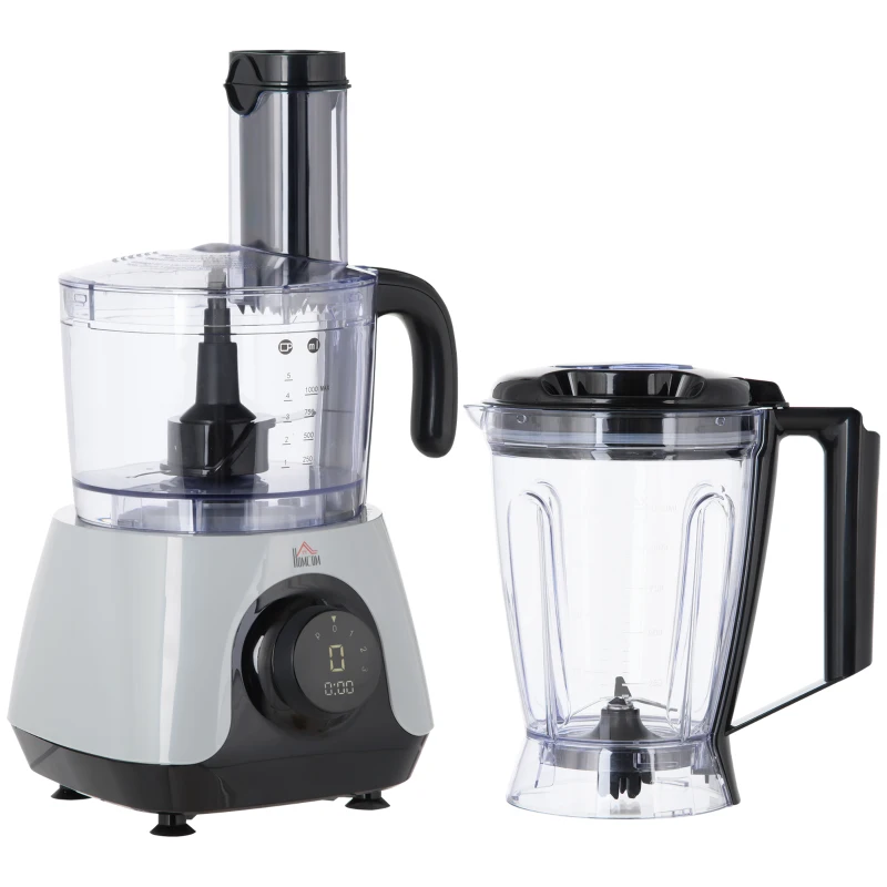 HOMCOM 650W Küchenmaschine mit 1L Rührschüssel 1,25L Mixer Multizerkleinerer 7-in-1 Funktion Schneiden, Zerkleinern, Verquirlen, Hacken, Mahlen, Mixen und Mischen 3 Geschwindigkeitsstufen Silber
