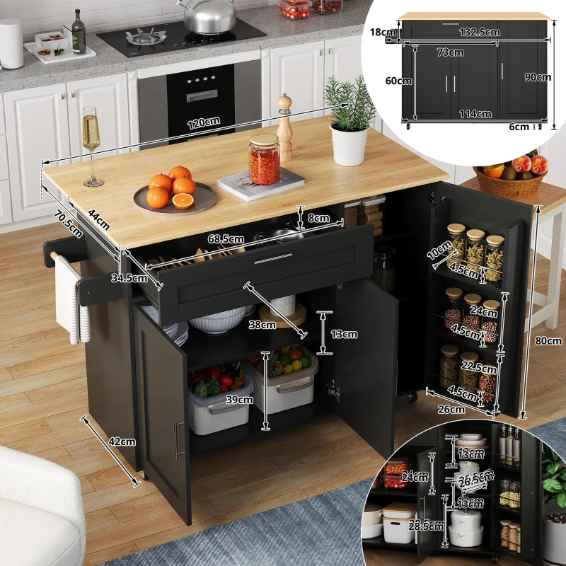 Mesa de cozinha móvel com tampo de trabalho dobrável, gaveta, prateleira para especiarias, suporte para toalhas, 132,5x44/70x90 cm, Preto+Cor natural