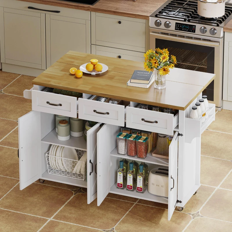 Ilha de cozinha com bancada rebatível, 4 portas, 3 gavetas, suportes duplos para toalhas, design estilo celeiro, 140x43/70x90,5 cm, Branco+Cor natural