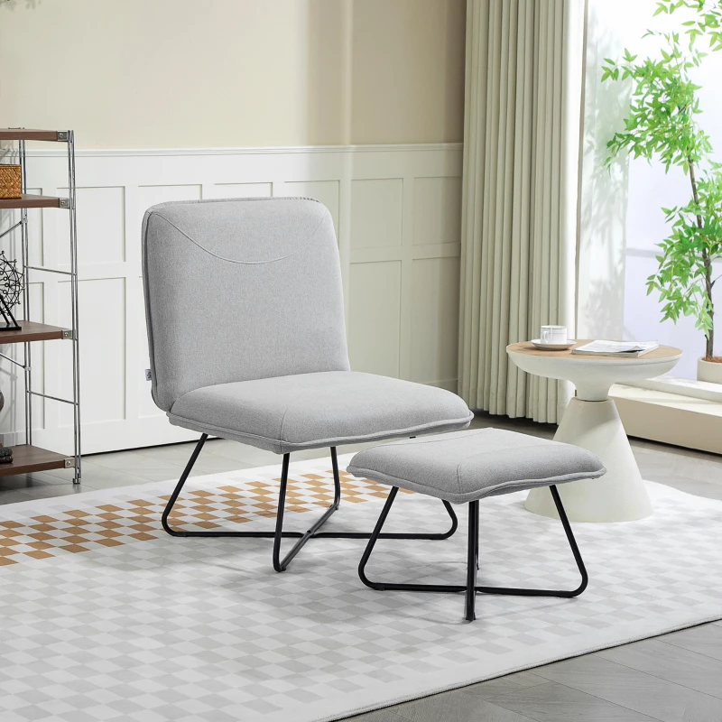 HOMCOM Butaca con Reposapiés Sillón para Lectura con Patas de Acero en Forma de Cruz Gris Claro