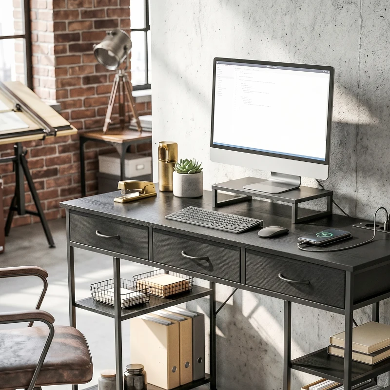 HOMCOM Bureau avec rangement avec prises de courant, 3 tiroirs en tissu et 4 étagères de rangement, 120 x 40 x 76 cm, noir