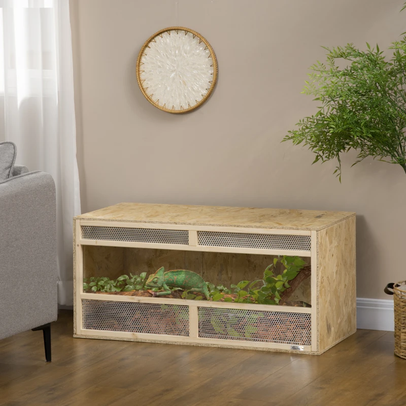 PawHut Terrarium en bois OSB pour reptiles avec porte coulissante en verre - 100 x 47 x 47 cm naturel