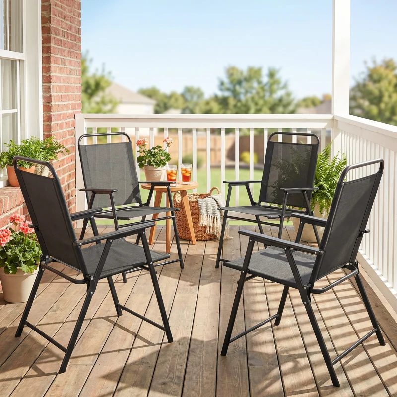 Outsunny Lot de 4 chaises de jardin pliantes avec accoudoirs, chaises d'extérieur avec assise large en textilène, noir