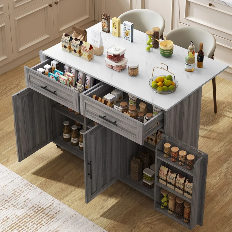 Grande ilha de cozinha com tampo extensível dobrável, 5 rodízios (2 com travão) , 129x46/71x91,5 cm, Cinzento