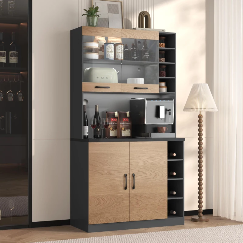 Highboard de cozinha, compartimento de vidro reforçado e iluminação ambiente LED, prateleiras laterais reguláveis em altura100x47x187 cm, Cor natural
