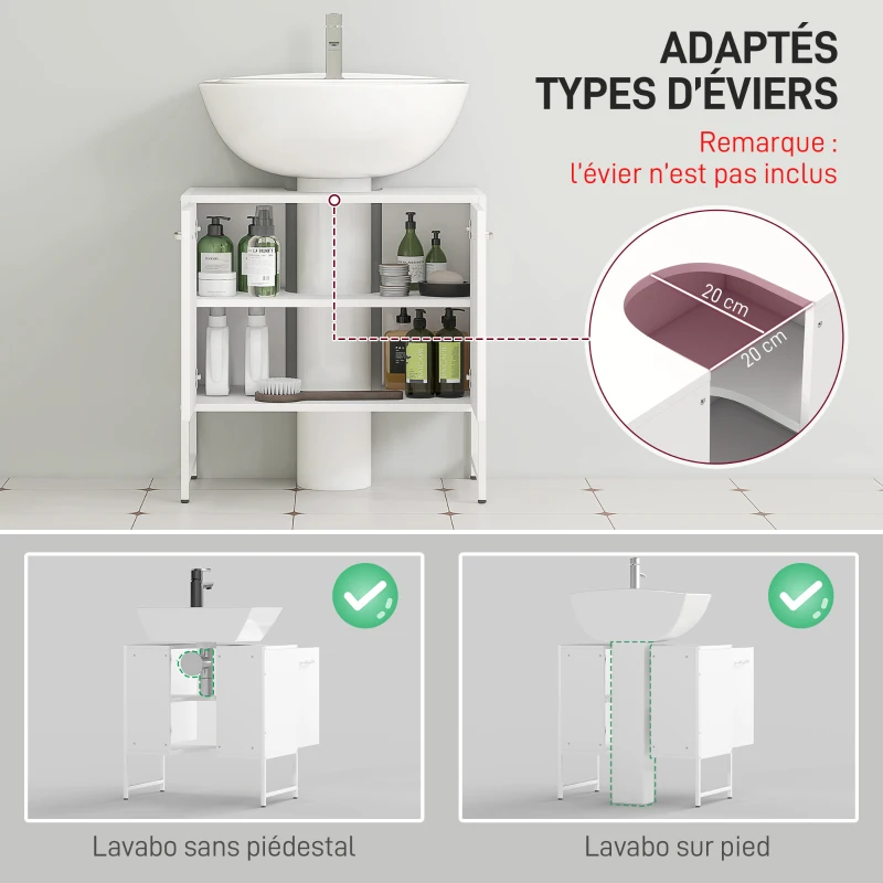 HOMCOM Meuble sous lavabo, meuble de salle de bain avec 2 portes à fermeture douce et étagère réglable, blanc