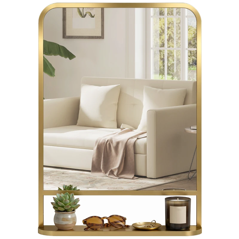 HOMCOM Modern Rectangular Wall Mirror with Storage Shelf, 70 x 50 cm, Gold Tone