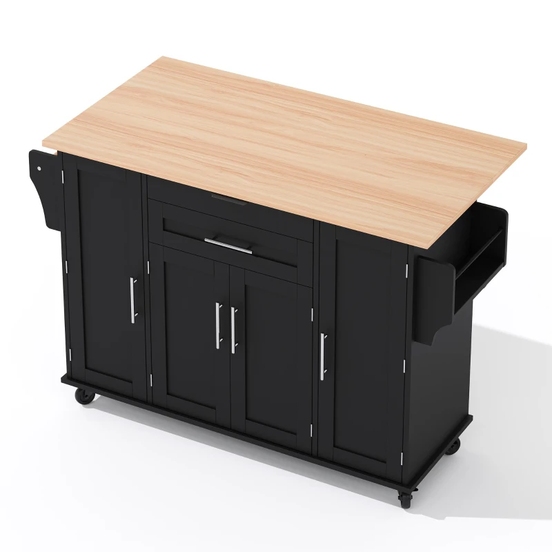 Ilha de cozinha móvel com gaveta oculta para talheres, prateleiras reguláveis, prateleira para especiarias e suporte para toalhas, 136x45/70x92 cm, Preto+Cor natural