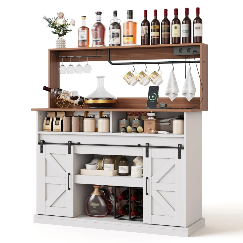 Aparador-cafetaria, em estilo casa de campo com portas de correr, Aparador com arrumação, 120x40x130 cm, Branco+Cor natural