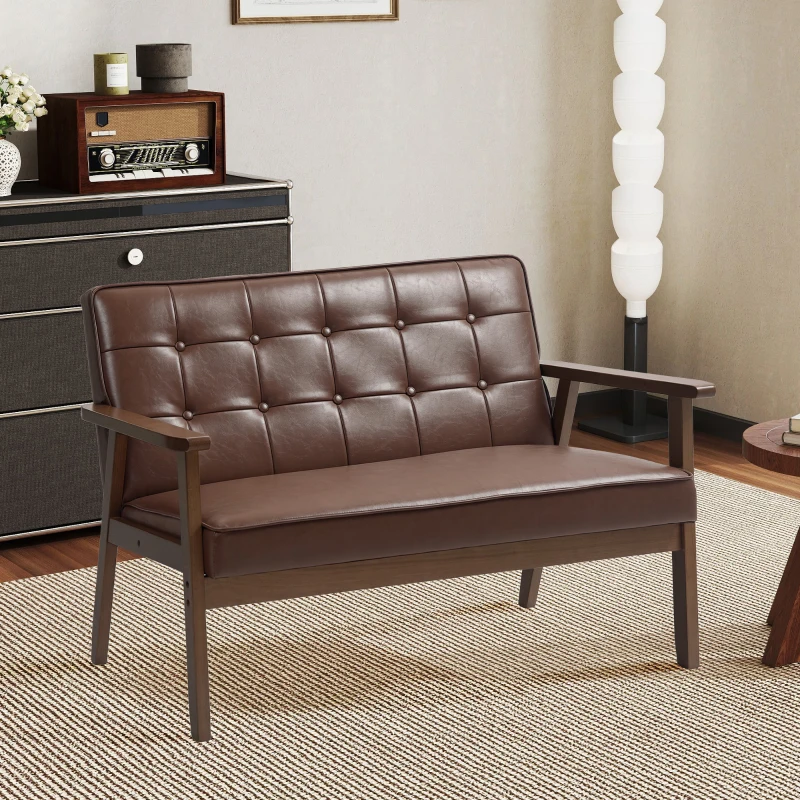 HOMCOM Sofá de 2 Lugares Estofado em Couro PU com Apoio para os Braços de Madeira para Sala de Estar Dormitório115x70x81 cm Marrom