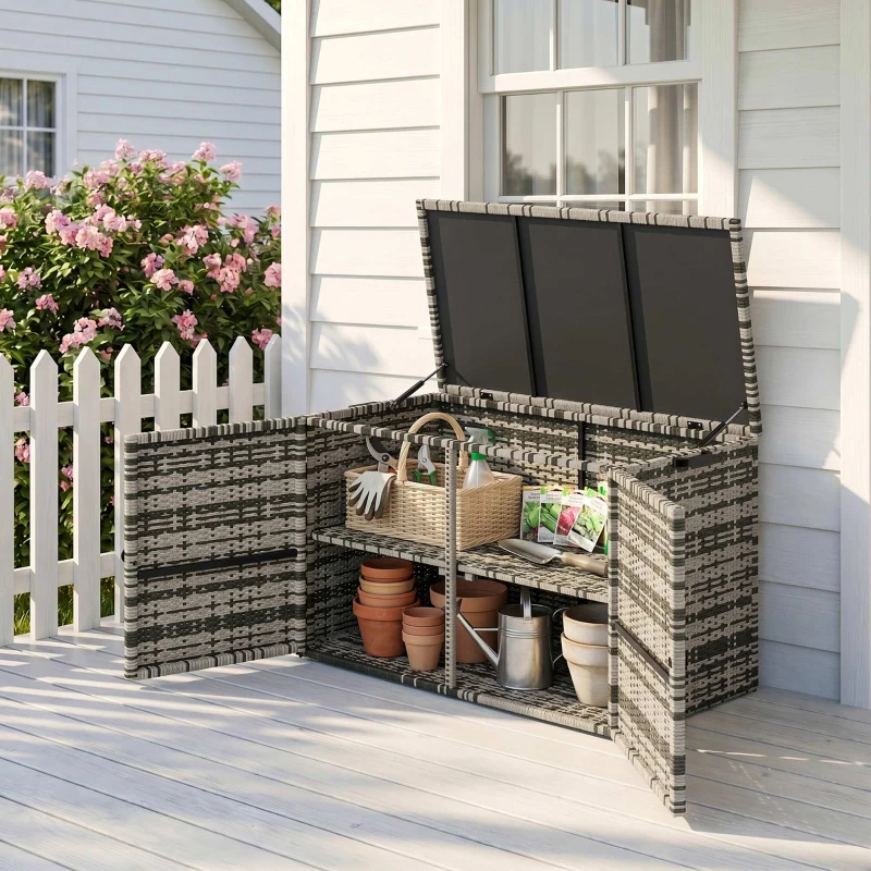 Outsunny Baule da Esterno da 350L a 2 Livelli con Pistoni a Gas, Rattan PE e Acciaio, 118x57x69 cm, Grigio