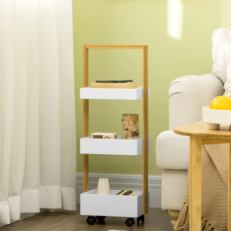 HOMCOM Carrito de Baño con Ruedas y 3 Cestas Carrito Auxiliar Multifuncional de Madera de Bambú 28x18x75 cm Blanco