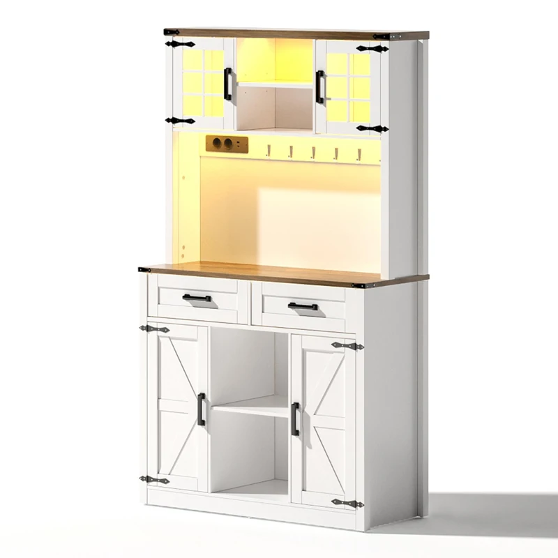Armário de bar com design de porta de celeiro, iluminação LED ajustável, 100x40x172 cm, Castanho+Branco