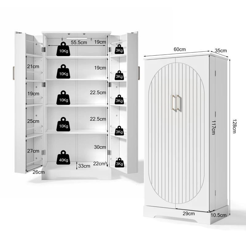 Armário de cozinha multifuncional, porta dupla com compartimento de arrumação, 60x35x128 cm, Branco