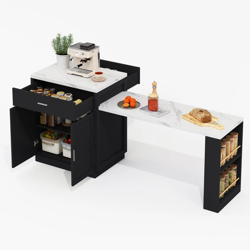 Ilha de cozinha com mesa de jantar extensível, armário de arrumação, 2 gavetas, 2 prateleiras laterais abertas, 211x55x89,5 cm, Preto