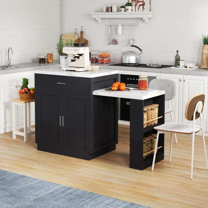 Ilha de cozinha com mesa de jantar extensível, armário de arrumação, 2 gavetas, 2 prateleiras laterais abertas, 211x55x89,5 cm, Preto