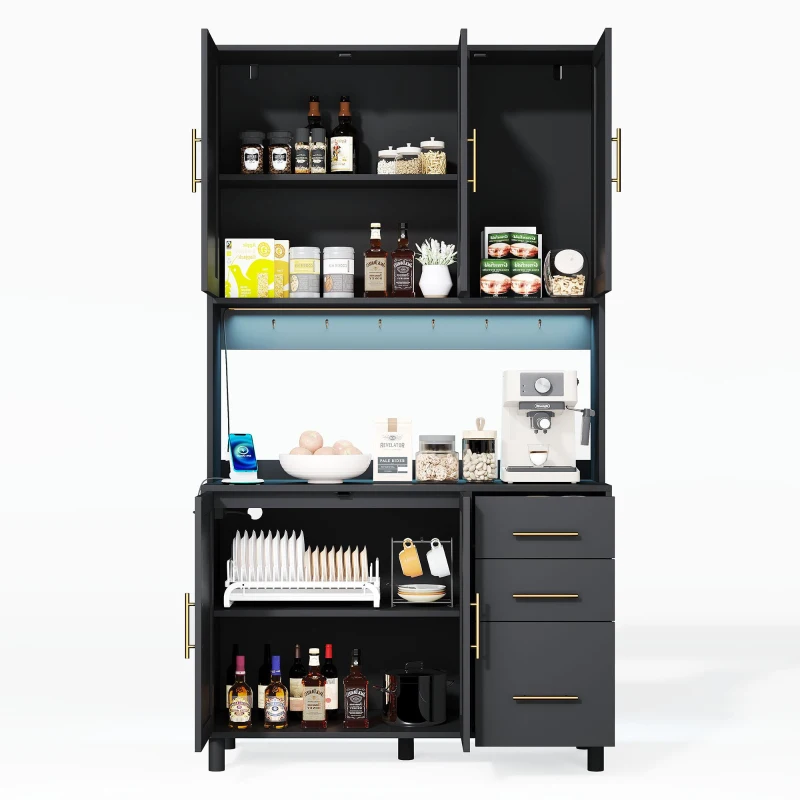 Móvel de cozinha com acabamento em rattan trançado e puxadores metálicos dourados, luzes LED decorativas, 100x40x183 cm, Preto