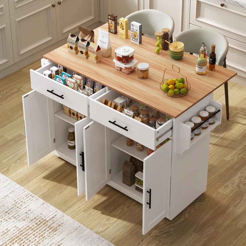 Carrinho de serviço com tampo de mesa dobrável, 2 gavetas e portas duplas, 136x46/71x91,5 cm, Branco+Cor natural