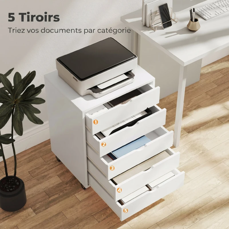 HOMCOM Caisson bureau mobile avec 5 tiroirs, meuble rangement bureau à roulettes pour documents A3/Lettre/A4, blanc