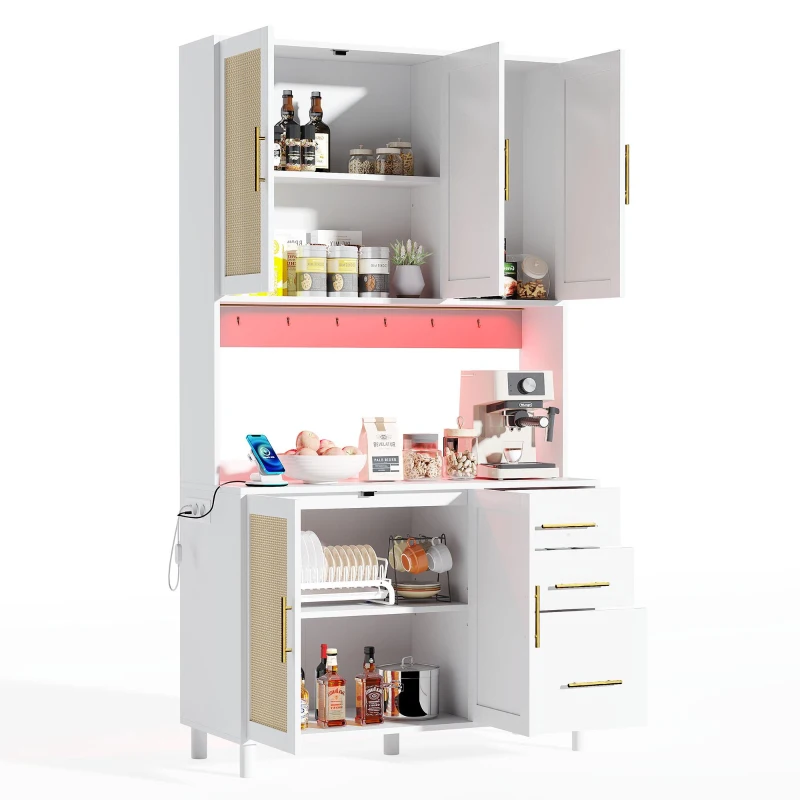 Móvel de cozinha com acabamento em rattan trançado e puxadores metálicos dourados, luzes LED decorativas, 100x40x183 cm, Branco