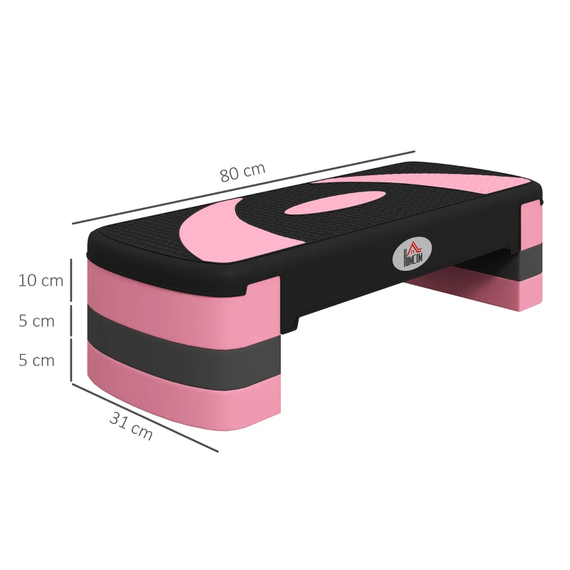 HOMCOM Aerobicsstepper, Verstelbaar, 80 x 31 x 10/15/20 cm, Tot 150 kg, Zwart/Roos/Grijs