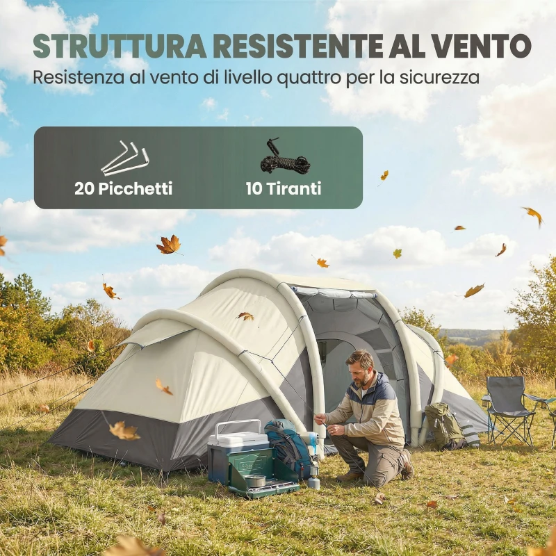 Outsunny Tenda da Campeggio Gonfiabile e Impermeabile per 2-4 Persone con Pompa, 2 Camere e Soggiorno, 485x245x188 cm, Marrone Caffè