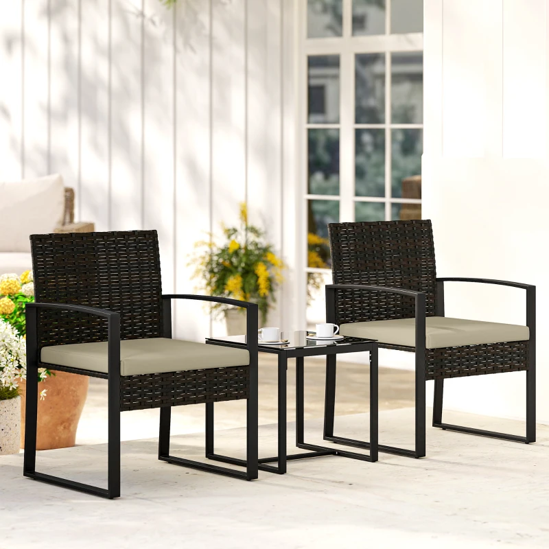 Outsunny Salon de jardin extérieur en résine tressée 2 personnes, table de jardin avec 2 chaises, plateau en verre trempé, marron