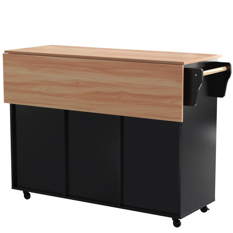 Ilha de cozinha com 5 rodízios, tampo dobrável extensível, 129x46/71x91,5 cm, Preto+Cor natural